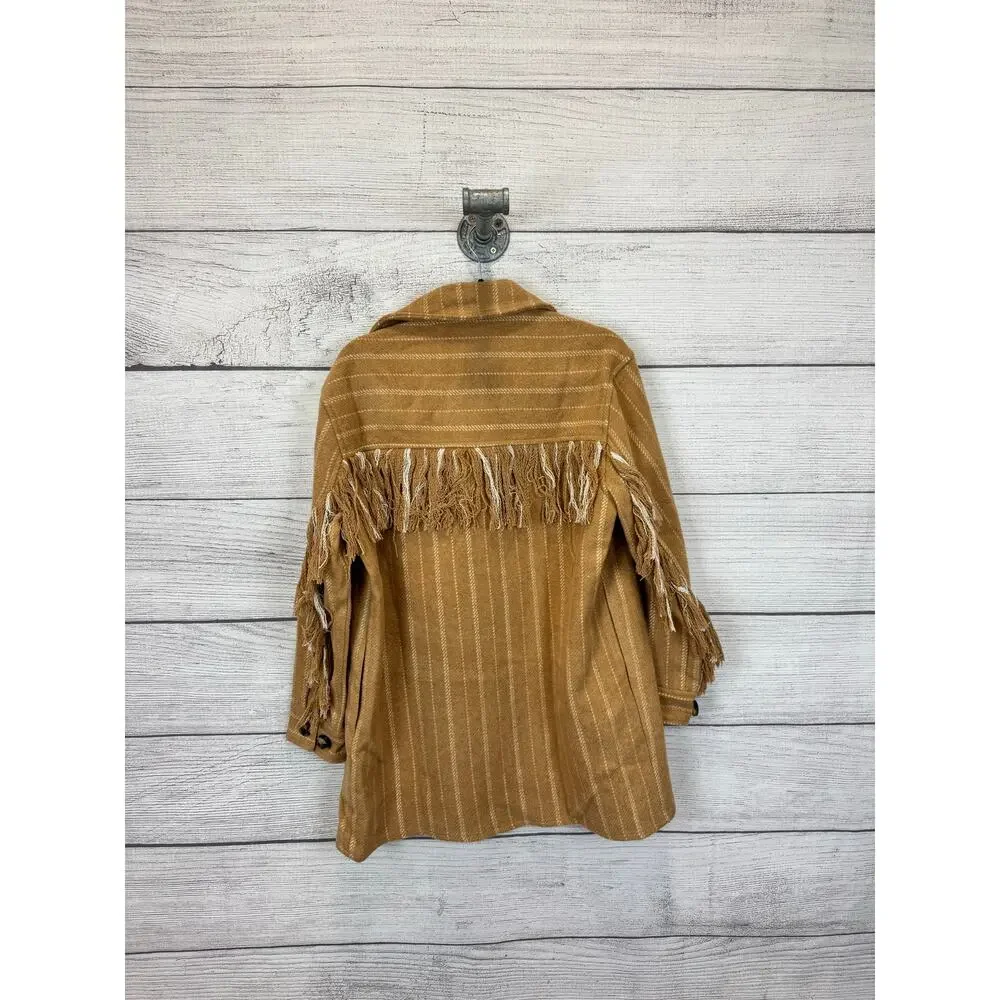 Impressions Women's Tan & Cream Fringe Back Button Up Shacket Size Small
